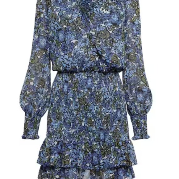 Veronica Beard Saera Blue Multi Floral V-neck Long Sleeves Mini Dress XS $495 - Picture 9 of 15